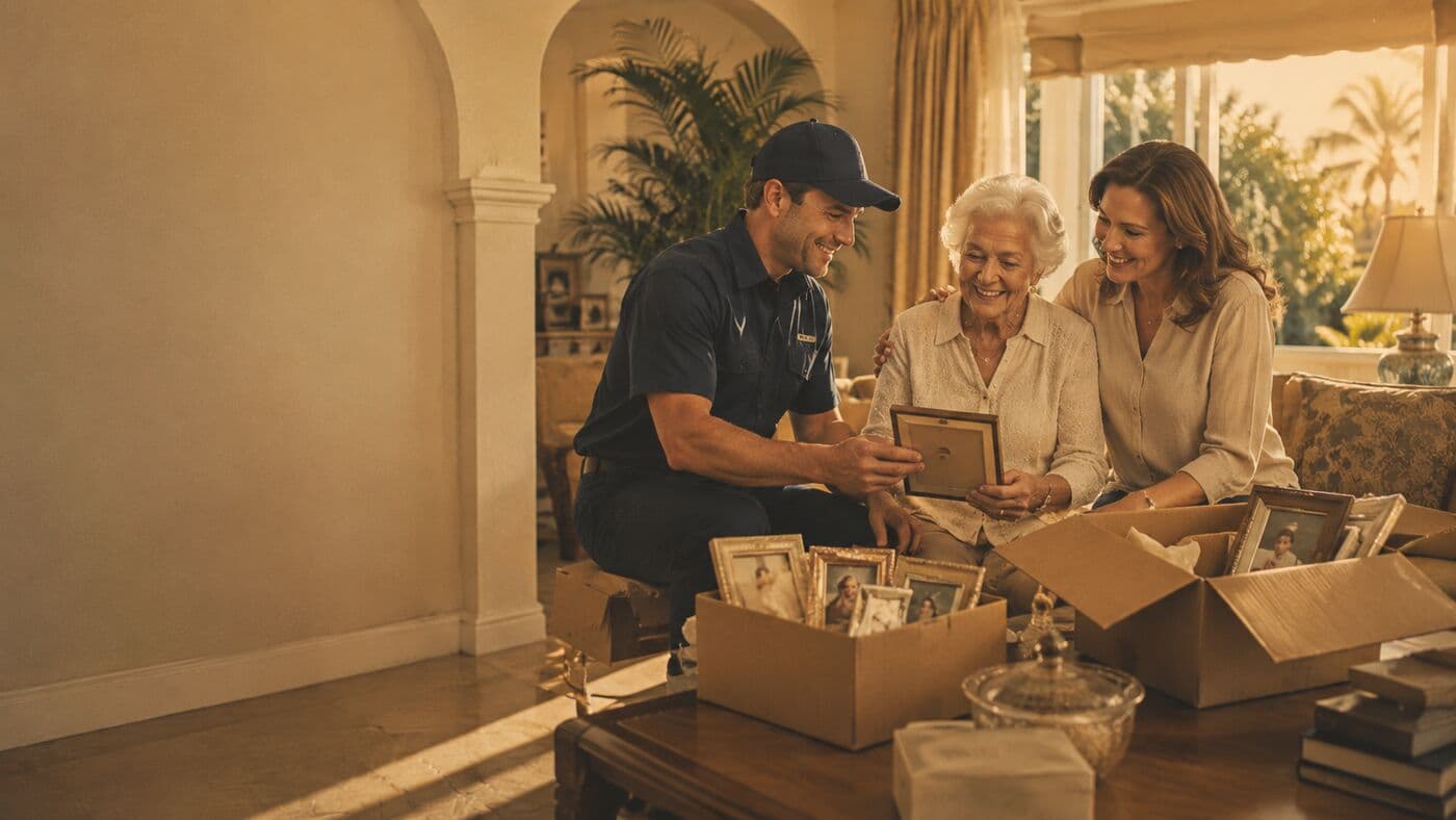 A mover showing a framed photograph to an older woman and her daughter while unpacking a box of family pictures