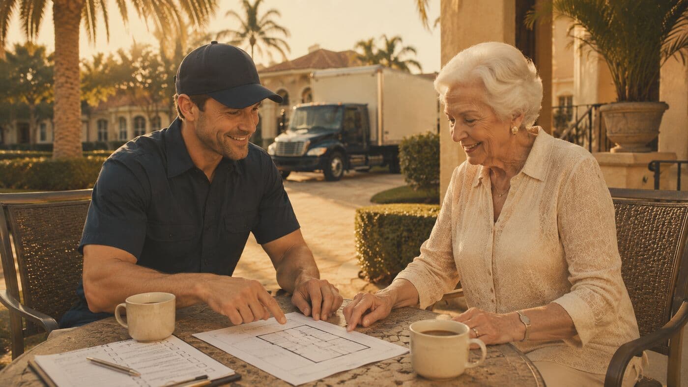 A mover and an older woman sitting at a patio table over coffee, going through a moving plan together