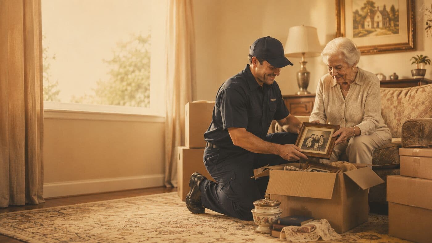 A mover kneeling to show an older woman a framed family photograph he has just unpacked