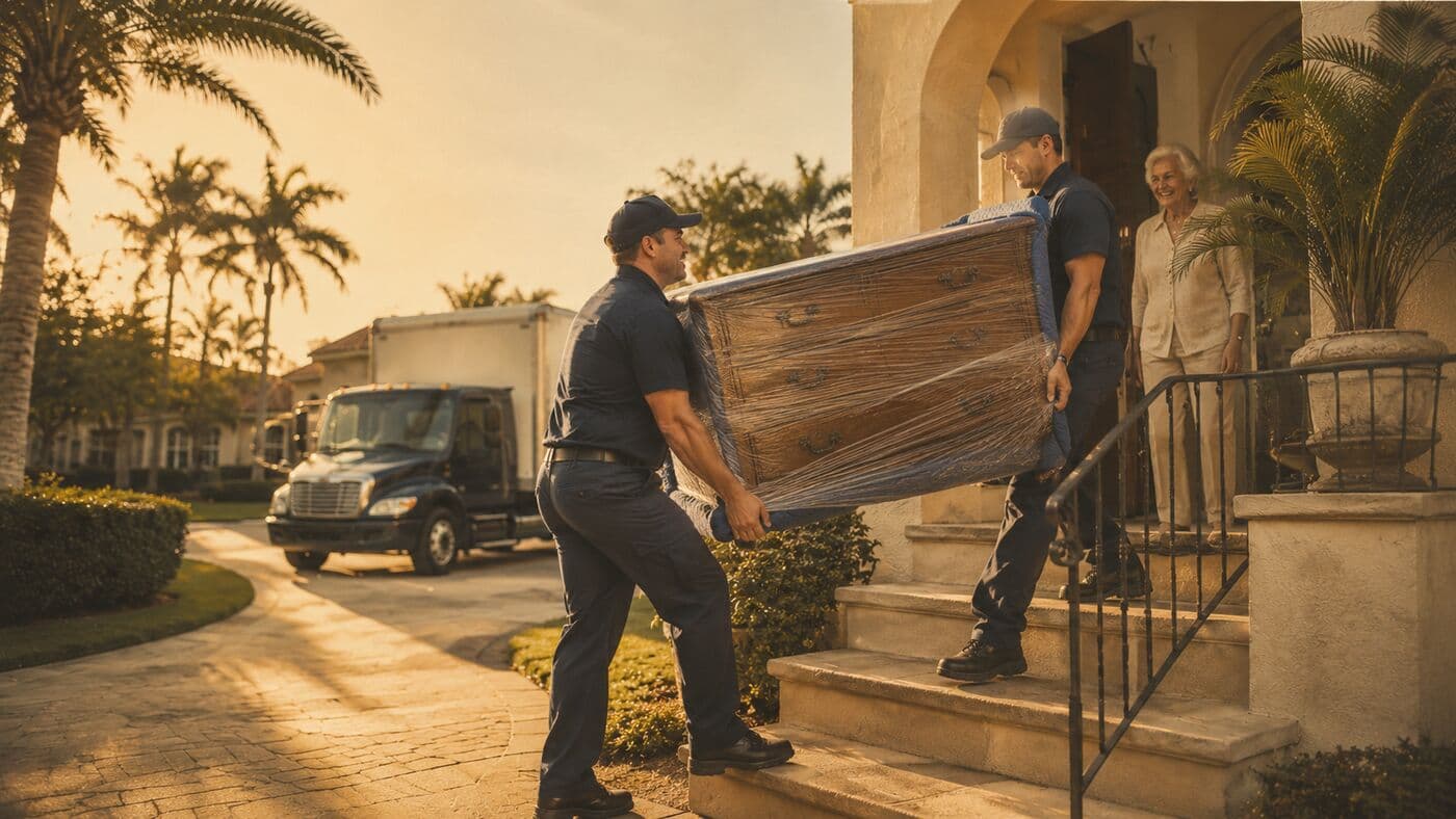 Two movers carrying a large wrapped item out of a house and down the front steps