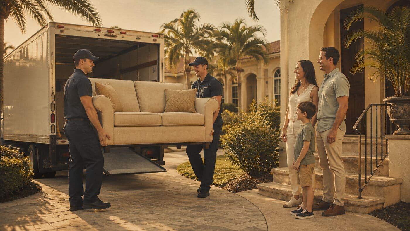 Two movers carrying a sofa down from the back of a truck while a family looks on
