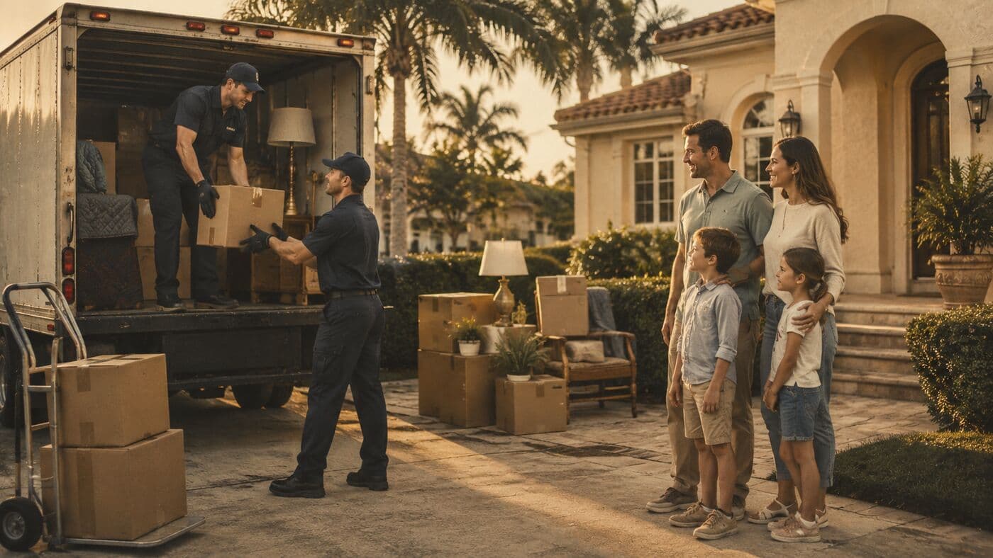 Two movers loading boxes and furniture into a truck while a family watches from the front of the house