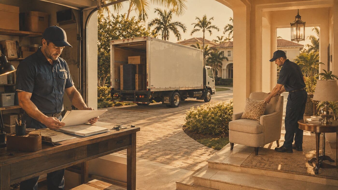 A mover working through a garage with a clipboard, and a chair being carried into a cleared room