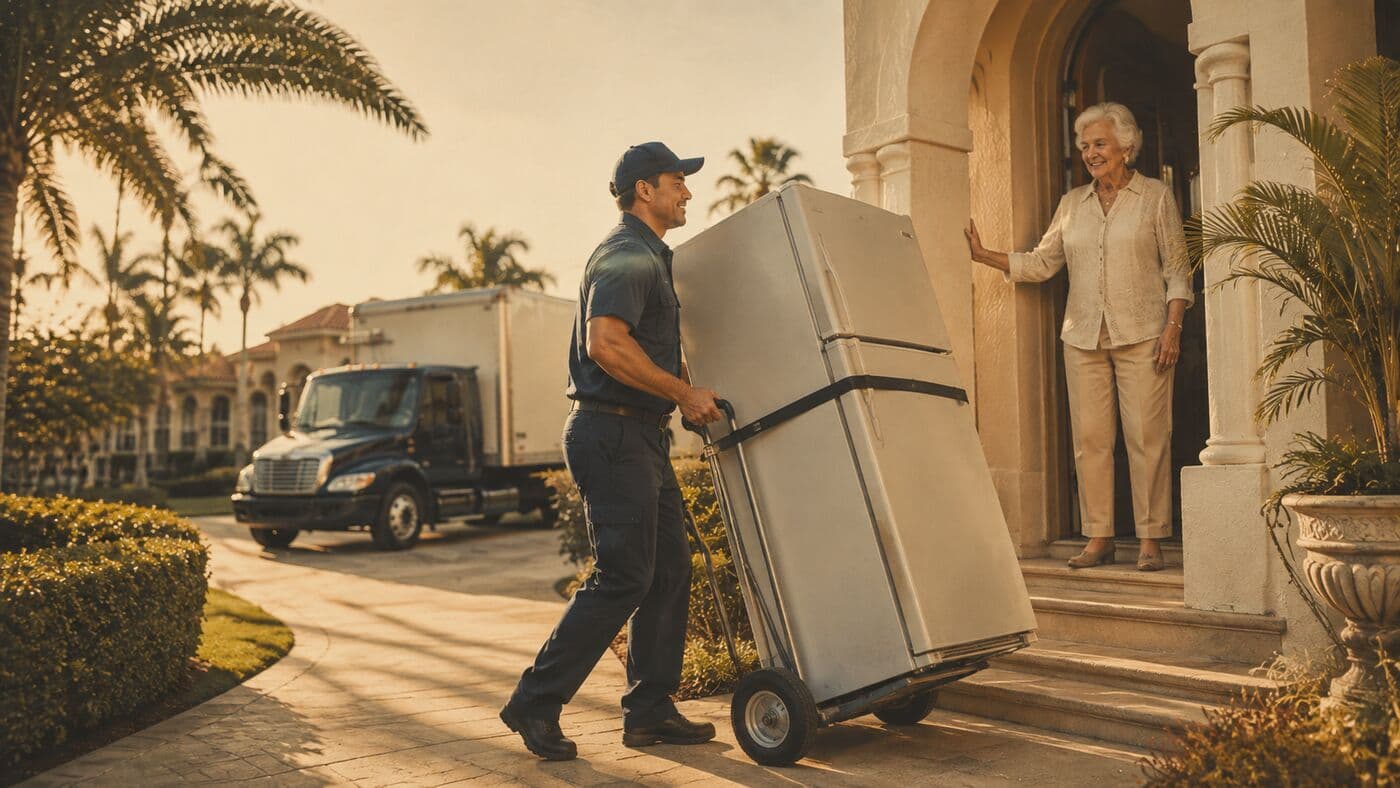 A mover wheeling a large appliance up to a front door on a hand truck