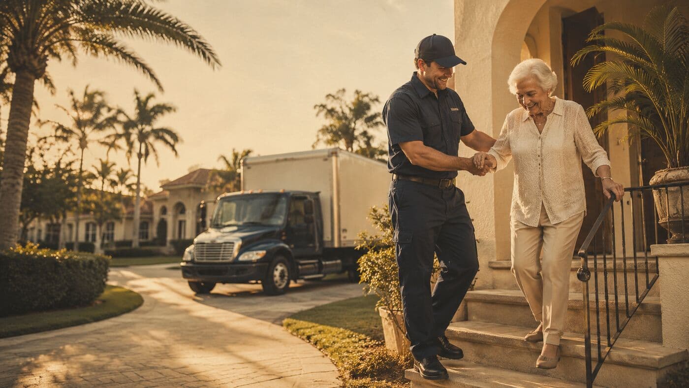 A mover steadying an older woman's arm as she walks down her front steps, moving truck waiting in the driveway